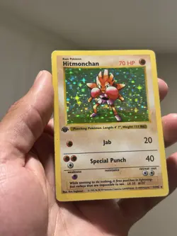 1999 Pokemon Base Set 1st Edition Hitmonchan Shadowless Holo 007/102 - Image 1