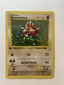 1999 Pokemon Base Set 1st Edition Hitmonchan Shadowless Holo 007/102 - Image 5