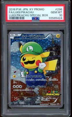2016 Pokemon Luigi Pikachu Poncho Full Art Japanese XY Promo #296 PSA 10 - Image 1
