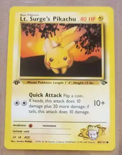 Lt Surges Pikachu 1st Edition 84/132 Gym Challenge Pokemon TCG Card Near Mint NM - Image 1