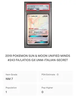 POKEMON PSA 7 LATIOS GX SECRET RARE 243/236 UNIFIED MINDS ITALIANO 2019 POP 1!🌍 - Image 4
