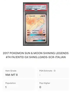 POKEMON PSA 8 ENTEI GX SECRET RARE 74/73 SHINING LEGENDS ITALIANO 2017 POP 1!🌍 - Image 4