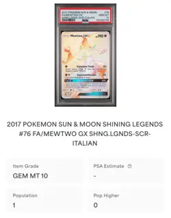 POKEMON PSA 10 MEWTWO GX SECRET RARE 76/73 SHINING LEGENDS ITALIANO 2017 POP 1🌍 - Image 4