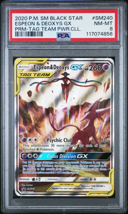 2020 POKEMON SM BLACK STAR PROMO TAG TEAM POWERS COLL ESPEON & DEOXYS GX PSA 8 - Image 1