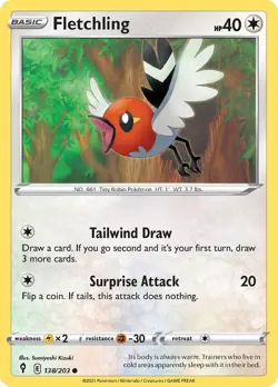 Fletchling 138/203 SWSH07: Evolving Skies Regular NM-Mint Pokemon Card TCG - Image 1