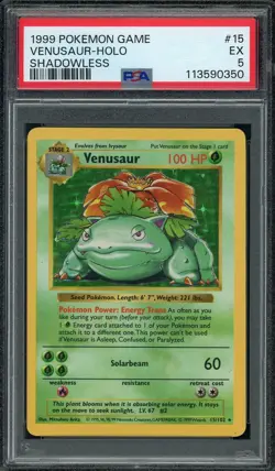 1999 Pokemon Venusaur #15 Base Set Shadowless Holo Rare PSA 5 EX - Image 1