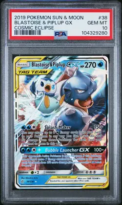 2019 POKEMON SUN & MOON COSMIC ECLIPSE #38 BLASTOISE & PIPLUP GX PSA 10 - Image 1