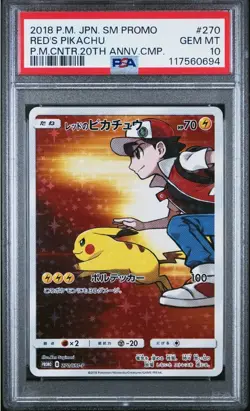 2018 Pokemon Center Red's Pikachu Japanese 20th Anniversary 270/SM-P PSA 10 - Image 1
