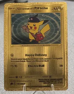 Pokemon Special Delivery Pikachu 60hp Gold Foil Fan Art Collector Card TCG - Image 1