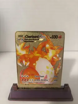 Pokemon Charizard Card VMAX Orange Gold Metal Display Card Fan Art Collectible - Image 1