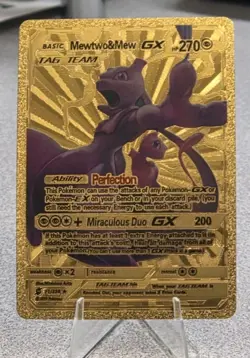 Pokemon Mewtwo & Mew GX Tag Team 270hp Gold Foil Fan Art Collector Card TCG - Image 1