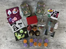 Pokemon Card Collection Kit: Coins, Stickers, Sleeves, Tins, Pins, Dice, & More - Image 1