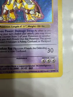 Alakazam Holo MP 001/102 Unlimited Edition Shadowless Base Set Pokemon Original - Image 4