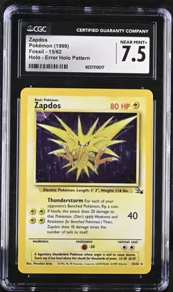 CGC 7.5 Zapdos 15/62 Error Holo Fossil Unlimited Pokemon Card WOTC - Image 1