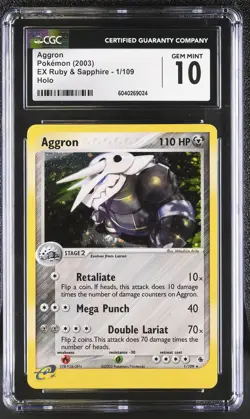 CGC 10 GEM MINT Aggron 2003 EX Ruby & Sapphire 1/109 Holo SWIRL Pokemon Card psa - Image 1