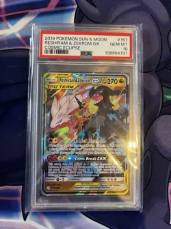 Pokemon Card Reshiram and Zekrom GX 157/236 Rare Holo Cosmic Eclipse PSA 10 - Image 1
