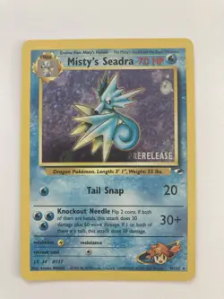 Misty’s Seadra PRERELEASE Pokemon Card 9/132 WOTC Gym Heroes NM/Mint Holo Rare - Image 1