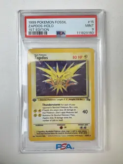 1999 Pokemon Fossil Zapdos #15 Holo 1st Edition PSA 9 Mint - Image 1