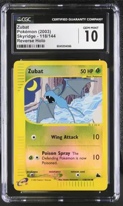 CGC 10 GEM MINT Zubat 2003 Skyridge 118/144 Reverse Holo Pokemon Card psa - Image 1