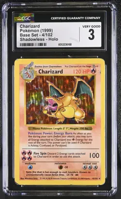 CGC 3 Charizard 1999 Base Set 4/102 Shadowless Holo Pokemon Card - Image 1