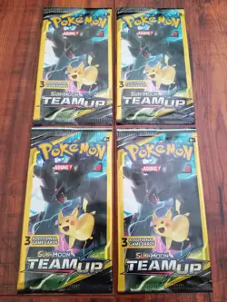 Pokemon Sun & Moon Team Up 3 Card Mini Booster Pack - 4 Packs - Pikachu & Zekrom - Image 1