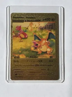 Gold Foil Pokemon Charmander, Charmeleon, & Charizard GX Card HP 450 2020 - Image 1