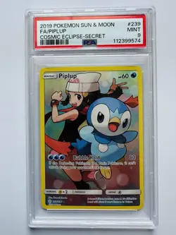2019 Pokemon Sun & Moon FA Piplup 239 Cosmic Eclipse Secret Pokemon PSA 9 Mint - Image 1