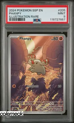PSA 9 Mint Phanpy Illustration Rare Holo 205/191 Pokemon 2024 Surging Sparks - Image 1