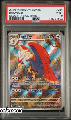 PSA 9 Mint Braviary Illustration Rare Holo 214/191 Pokemon 2024 Surging Sparks - Image 1