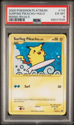 2009 POKEMON PLATINUM RISING RIVALS #114 SURFING PIKACHU-HOLO PSA 6 - Image 1