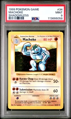 1999 POKEMON BASE SET SHADOWLESS #34 MACHOKE PSA 9 MINT - Image 1