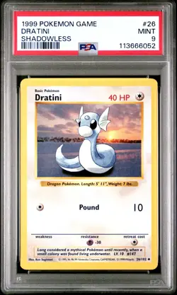 1999 POKEMON GAME BASE SET #26 DRATINI SHADOWLESS PSA 9 MINT - Image 1