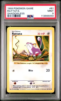 1999 POKEMON GAME #61 RATTATA SHADOWLESS PSA 9 MINT - Image 1