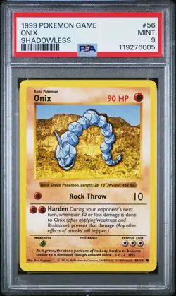 1999 POKEMON GAME BASE SET 56 ONIX SHADOWLESS PSA 9 MINT - Image 1