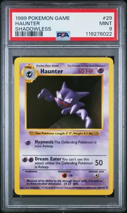 1999 POKEMON GAME BASE SET 29 HAUNTER SHADOWLESS PSA 9 MINT - Image 1