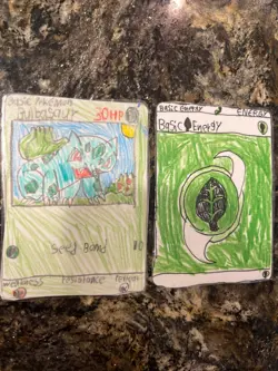 Hand drawn Pokemon cards by child entrepreneur, Bulbasaur, energy - Image 1
