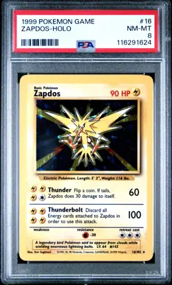 1999 Pokemon Base Set Unlimited English 16/102 Zapdos Holo PSA 8 - Image 1