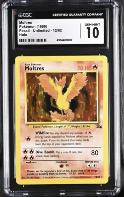1999 Pokemon Card Fossil Moltres #12 Unlimited Holo Gem Mint 10 CGC! OFFER! - Image 1