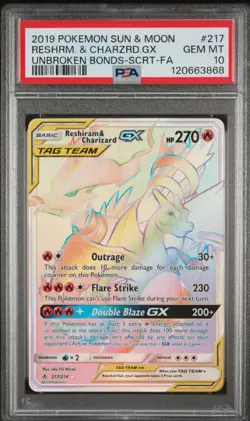 PSA 10 Reshiram & Charizard GX 217/214 Unbroken Bonds Sun&Moon Pokemon GEM MINT - Image 1