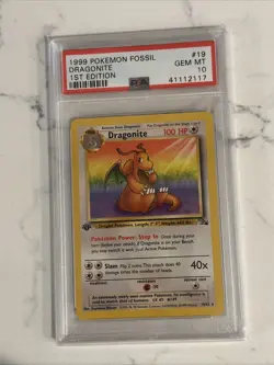 1999 Pokemon Fossil Dragonite #19 1st Edition PSA 10 - Image 1