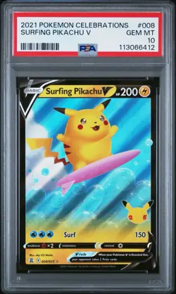2021 Pokemon Celebrations Surfing Pikachu V #008 PSA 10 - Image 1