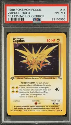 1999 Pokemon Fossil Icomplete Holo Error 1st Edition Zapdos PSA 8! 💎 - Image 1
