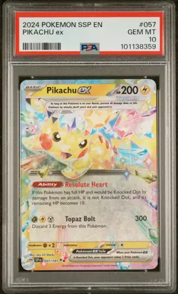 2024 POKEMON SSP EN-SURGING SPARKS #057 PIKACHU EX PSA 10 - Image 1