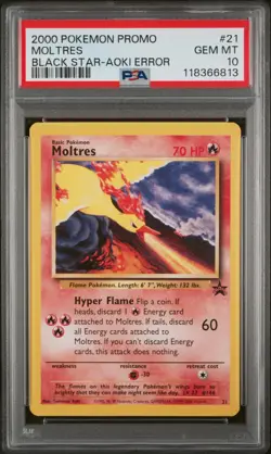 2000 Pokemon Promo Black Star Moltres #21 TOSHINAO AOKI ERROR PSA 10 (NEW CERT) - Image 1