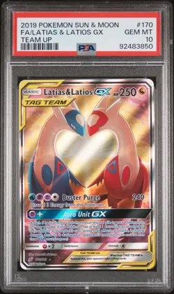 2019 POKEMON SUN & MOON TEAM UP #170 FULL ART/LATIAS & LATIOS GX PSA 10 - Image 1