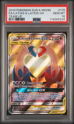 2019 POKEMON SUN & MOON TEAM UP #170 FULL ART/LATIAS & LATIOS GX PSA 10 - Image 1