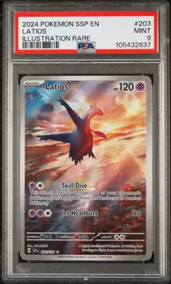 Pokemon Card 2024 Surging Sparks Illustration Rare Latios 203/191 PSA Mint 9 - Image 1