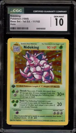Pokemon Nidoking Base Set Shadowless 1st Edition Holo Rare #11 CGC 10 Gem Mint - Image 1