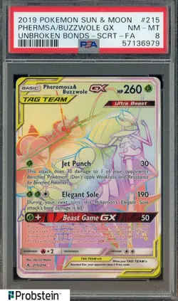 2019 Pokemon Sun & Moon Unbroken Bonds Secret FA Phermsa Buzzwole Gx PSA 8 - Image 1
