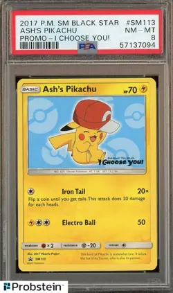 2017 Pokemon SM Black Star Promo I Choose You! #SM113 Ash's Pikachu PSA 8 - Image 1